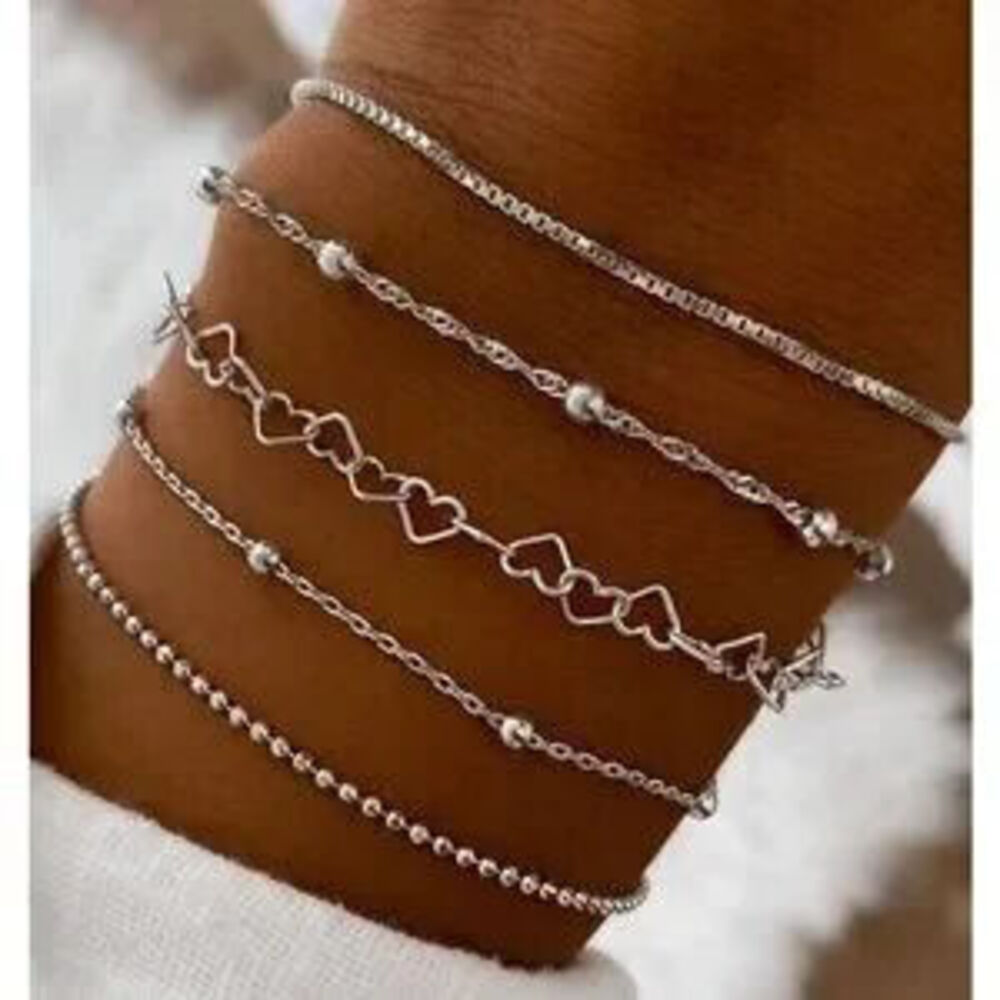Dainty Silver Tone Heart Bead Chain Bracelet Set